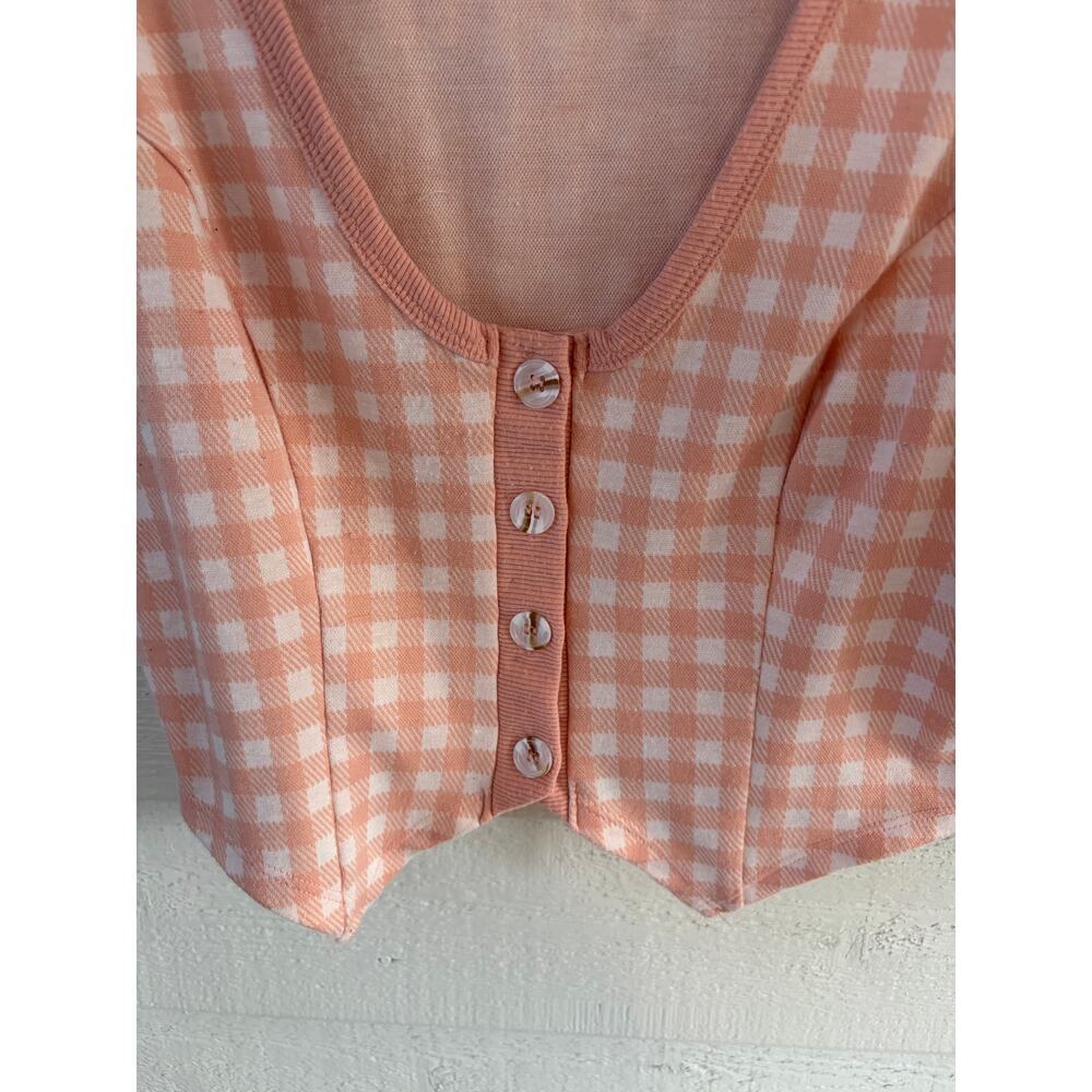 Meraki Peach/Pink Gingham Button Front Crop Top Size M Cottagecore - Picture 4 of 7